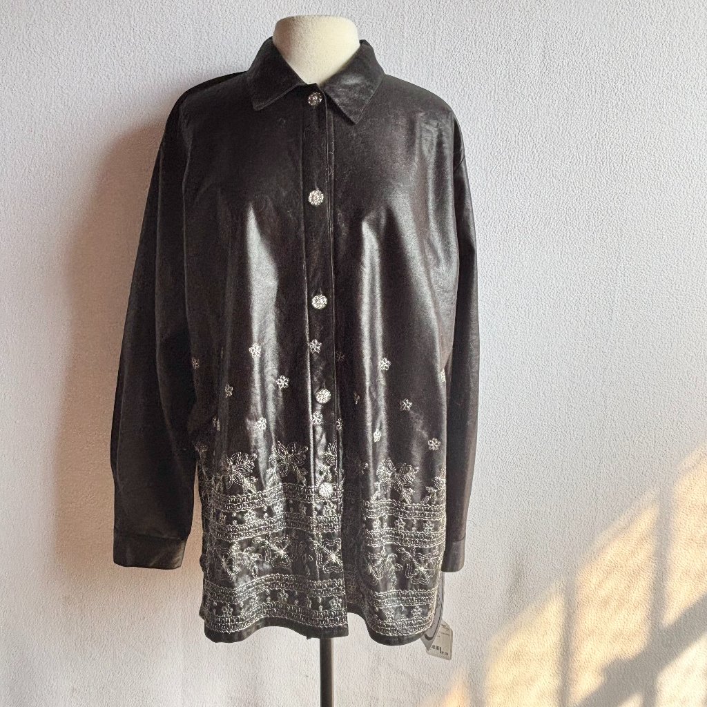 1990s Black Metallic Embroidered Dressy Long Sleeve Blouse